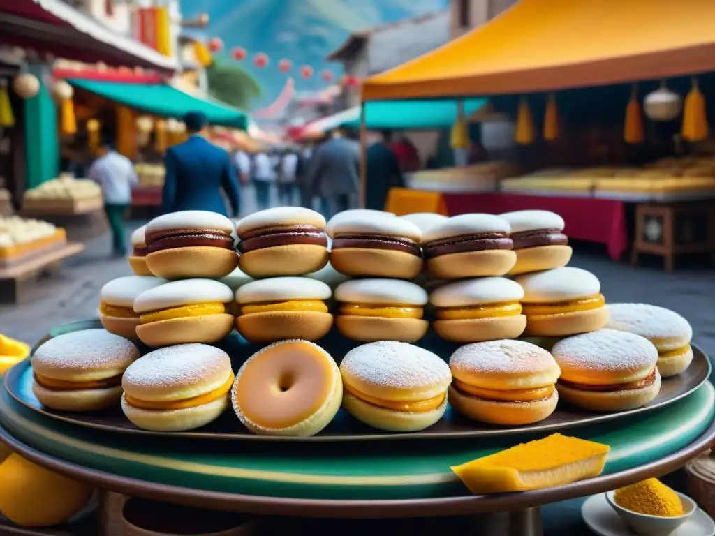 Una muestra detallada de postres tradicionales peruanos en Arequipa, exquisitos y coloridos, en platos de cerámica, en un mercado vibrante