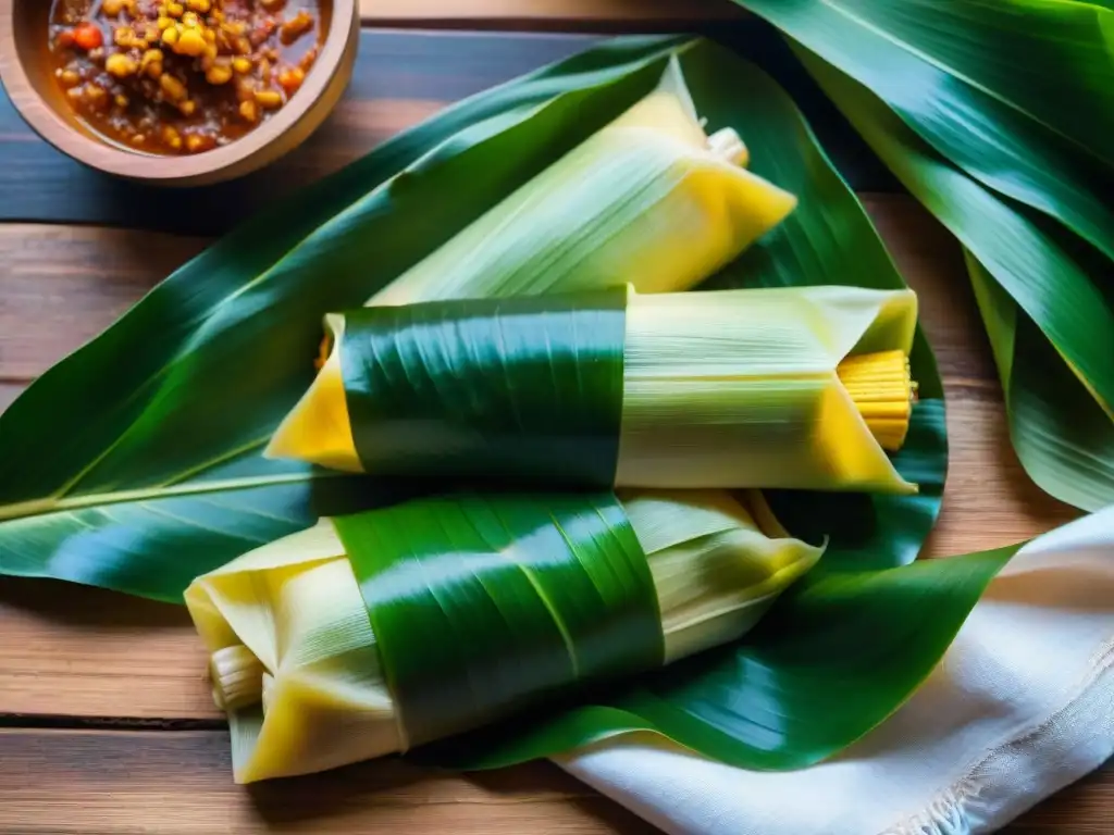 Una muestra detallada del tamal peruano tradicional en una mesa rústica de madera