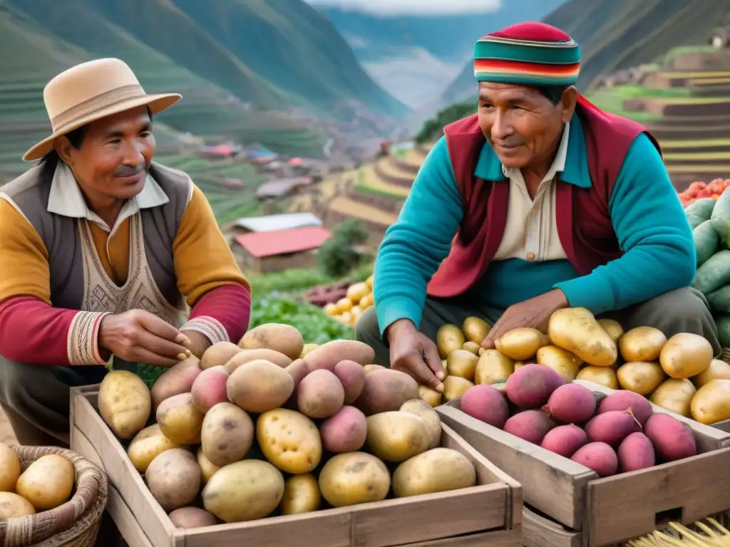 Una muestra vibrante de la diversidad de papas en Perú, en un mercado andino con colores y texturas únicas