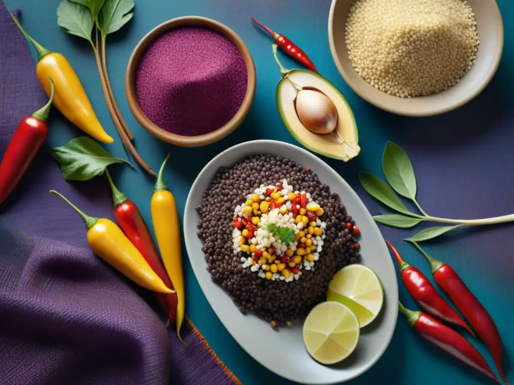 Una muestra vibrante de ingredientes autóctonos peruanos en textil andino: maíz morado, quinoa, ají, lúcuma y maca