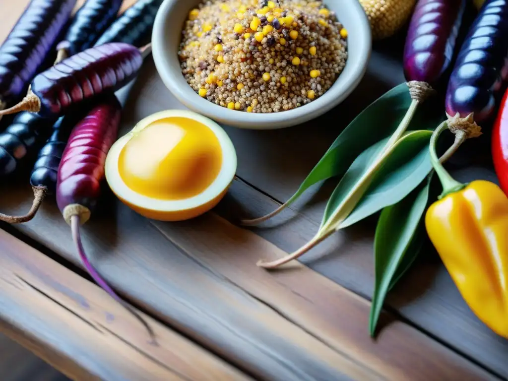 Una muestra vibrante de ingredientes autóctonos peruanos en fusión, resaltando colores y texturas en una mesa rústica