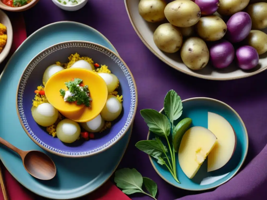 Una muestra vibrante de platos tradicionales peruanos con variedades de papas autóctonas