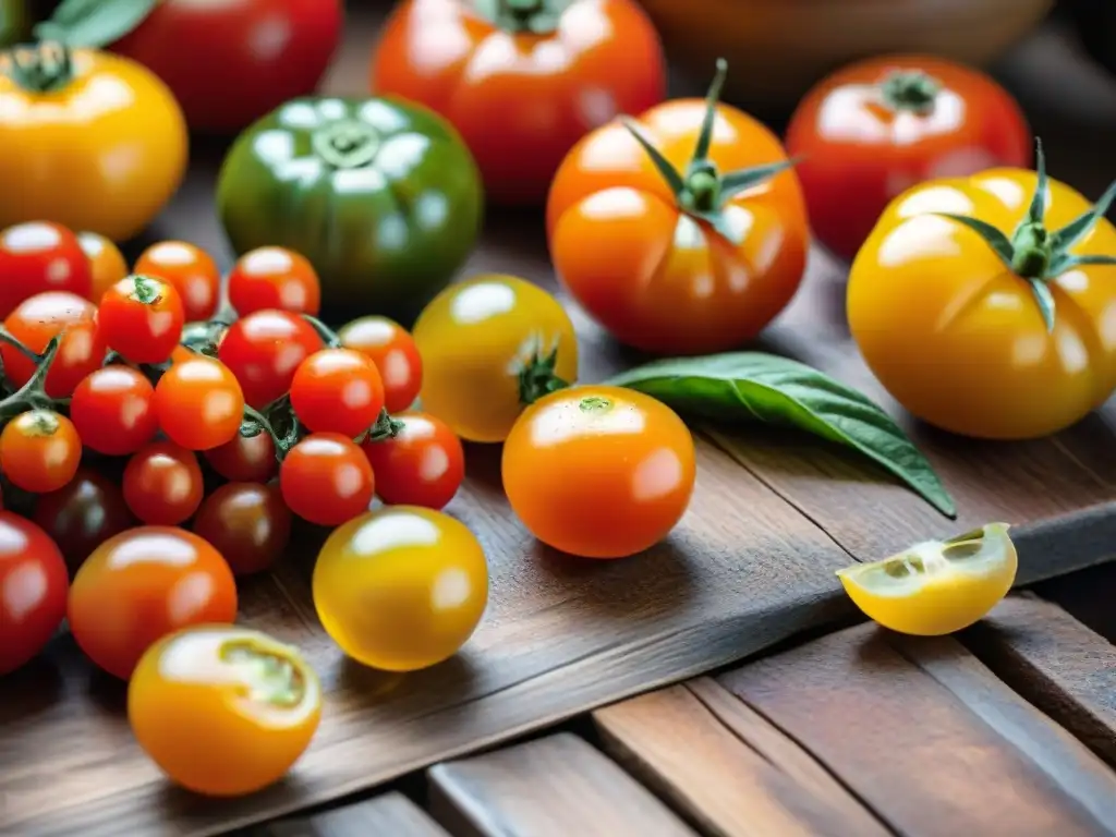 Una muestra vibrante de tomates andinos en una mesa rústica, destilando frescura y abundancia en un mercado peruano