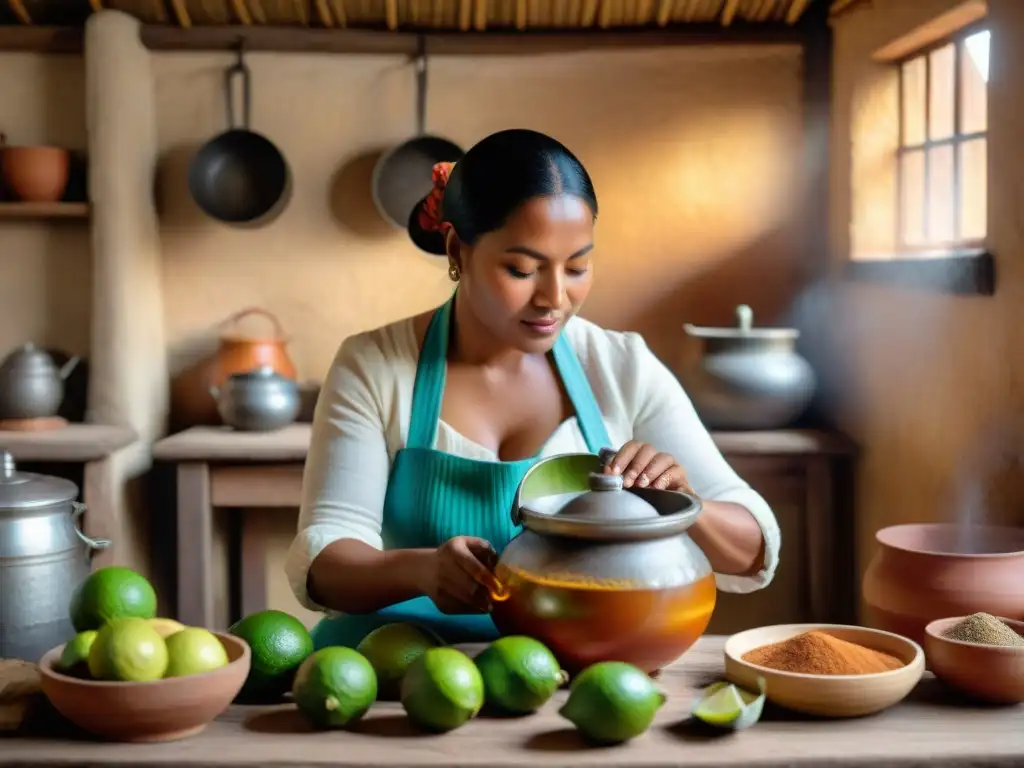 Una mujer afroperuana preparando Agua de Sapo en cocina rústica, con chancaca y limones