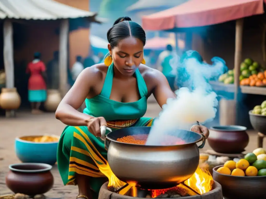 Una mujer afroperuana prepara Agua de Sapo en un mercado colorido, capturando la esencia de la receta tradicional