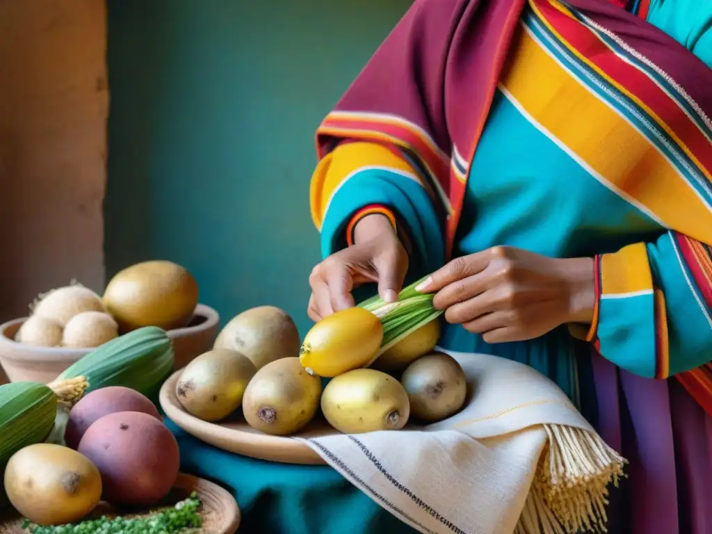 Una mujer andina envuelve alimentos frescos en una Lliclla, destacando la conservación de alimentos andinos