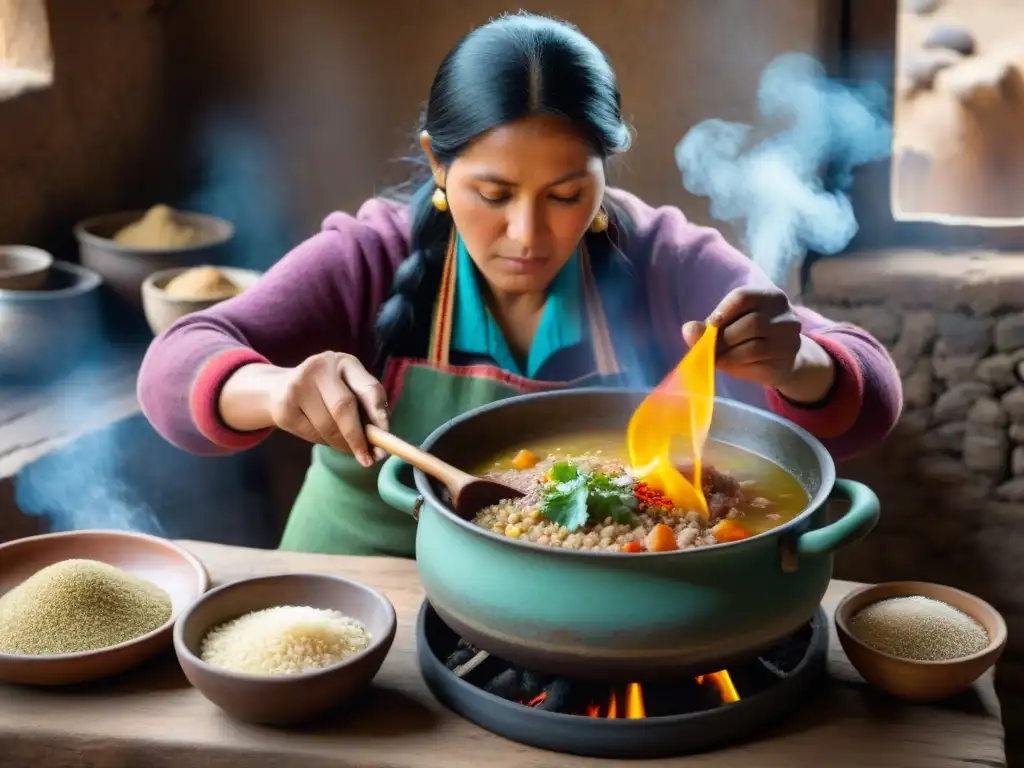 Una mujer andina en atuendo colorido remueve una olla de Sopa de quinua andina completa sobre fuego