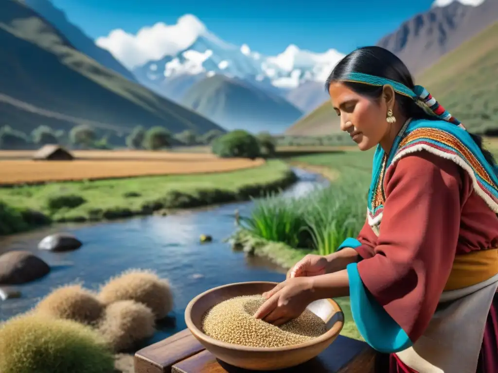 Una mujer andina viste atuendo tradicional, enjuaga quinua bajo agua cristalina de un riachuelo con los Andes al fondo