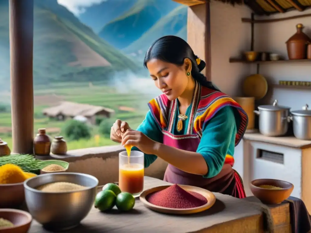 Una mujer andina preparando bebidas a base de quinua en una cocina rústica, rodeada de ingredientes y paisajes impresionantes