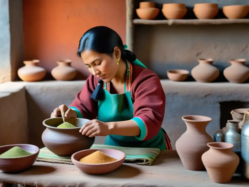 Una mujer andina preparando bebidas a base de quinua en una cocina rústica, resaltando tradición y destreza artesanal