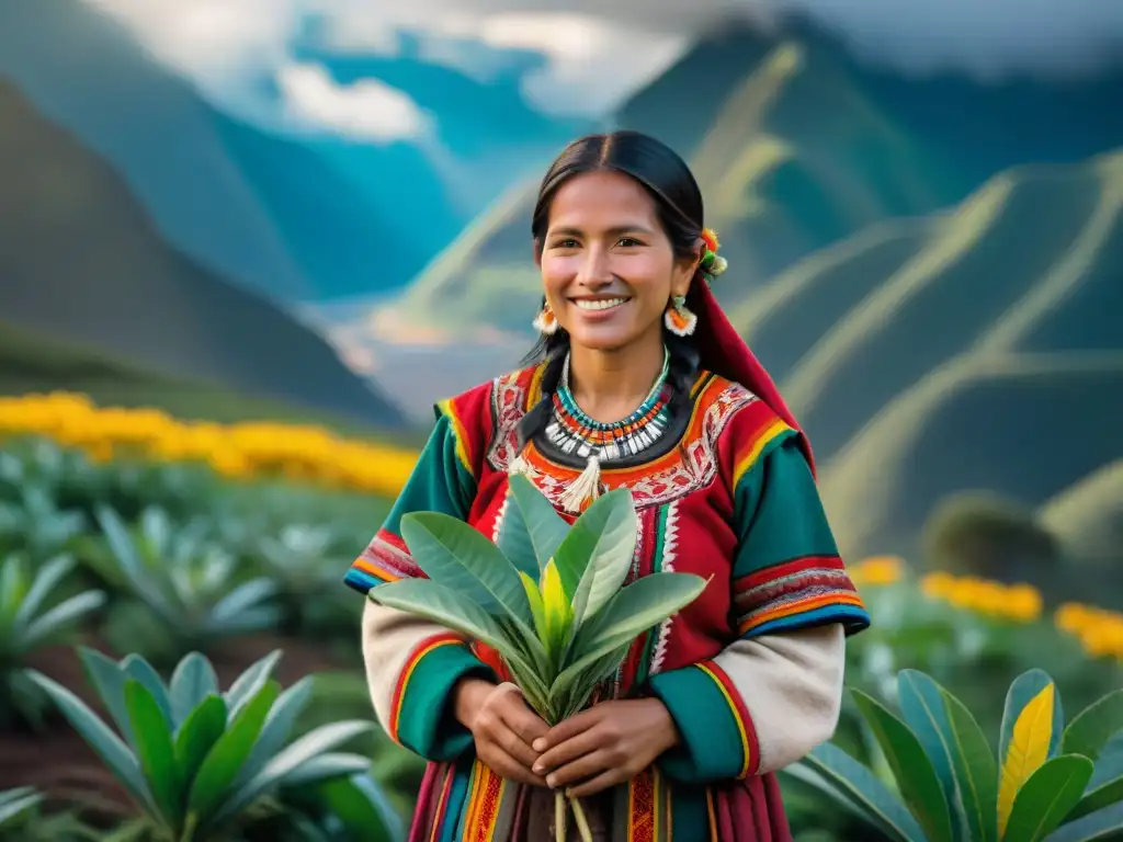 Una mujer andina en un campo de coca, con los Andes de fondo