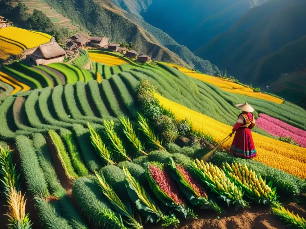 Herencia agrícola en Perú: quinoa y maíz en acción Una mujer andina cosechando maíz en campos de quinua, resaltando la importancia de ingredientes autóctonos peruanos