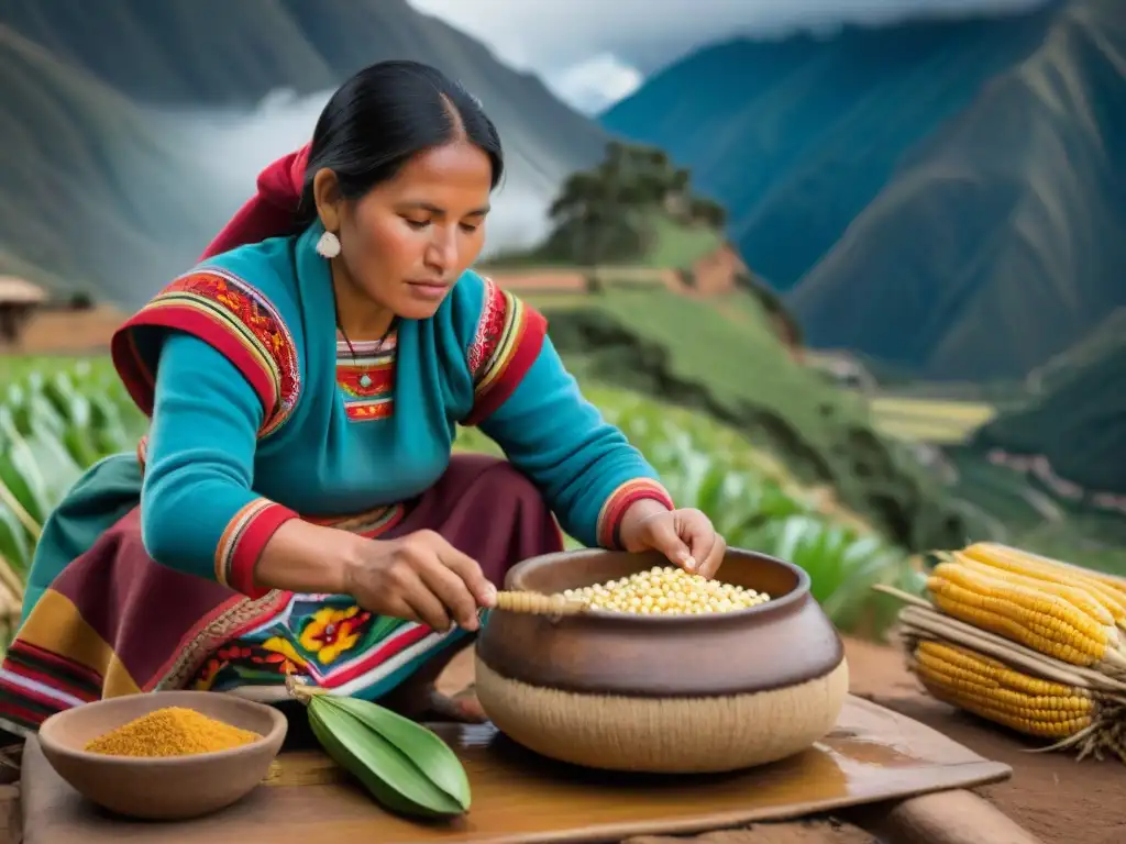 Una mujer andina preparando chicha, bebida fermentada emblemática de los Andes