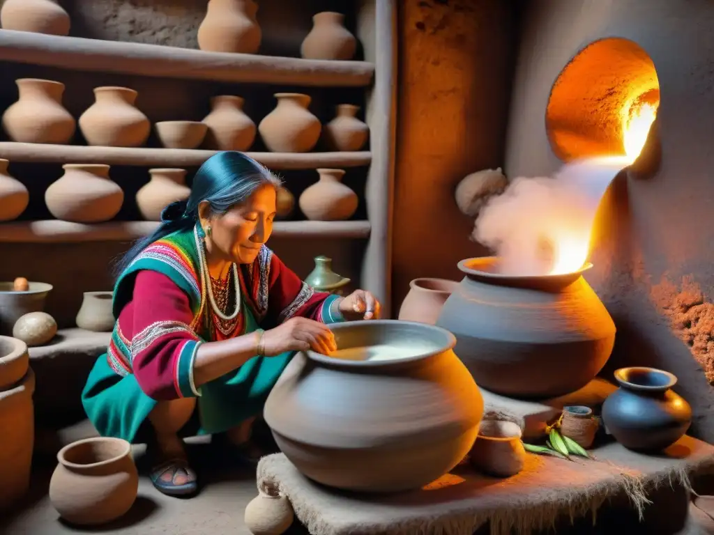 Una mujer andina prepara chicha en una cocina rústica, mostrando la tradición de bebidas fermentadas andinas en Perú