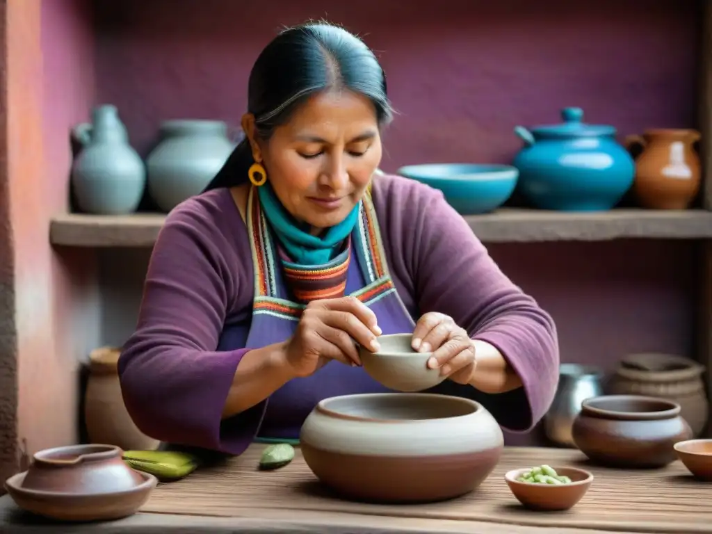 Una mujer andina prepara chicha morada en una cocina rústica, destacando la conexión con las bebidas típicas sierra peruana