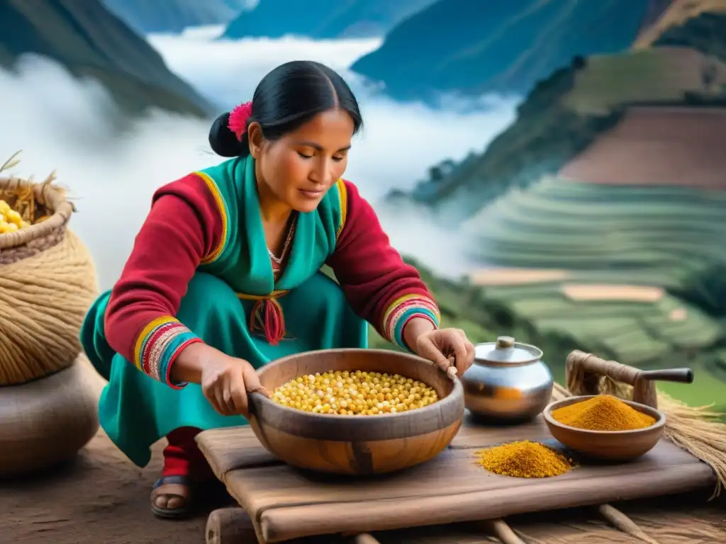 Una mujer andina preparando chicha en un recipiente de madera, destacando la tradición de bebidas fermentadas andinas en Perú