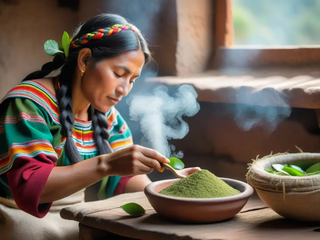 Una mujer andina elabora mate de coca en una cocina rústica