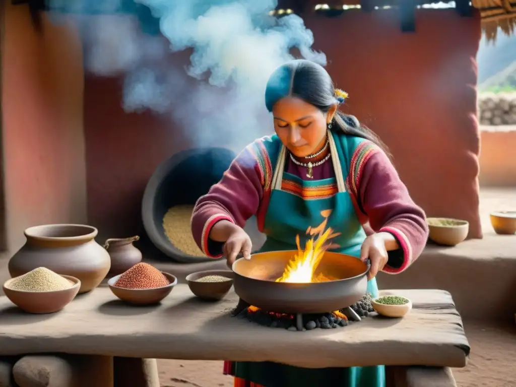 Una mujer andina cocina quinua sobre fuego abierto rodeada de supergranos