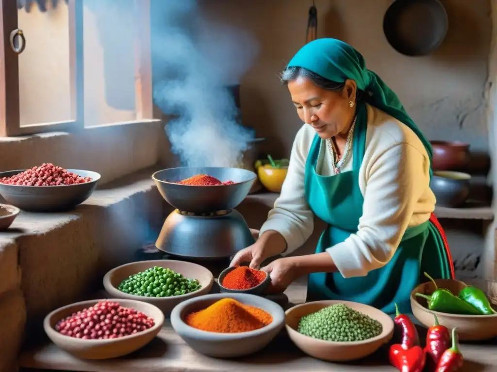 Una mujer andina prepara ajíes de colores en una cocina tradicional, demostrando los beneficios del ají en cocina