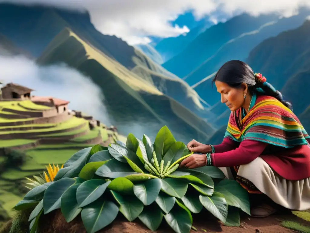 Una mujer andina seleccionando hojas frescas de Muña en la montaña, transmitiendo ancestralidad y calma