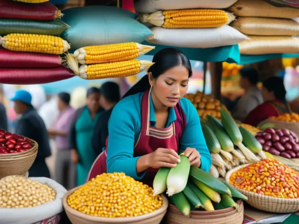 Una mujer andina preparando humitas en un bullicioso mercado peruano