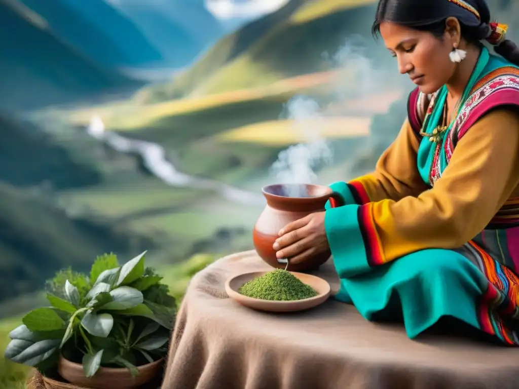 Una mujer andina preparando infusiones andinas tradicionales Perú en paisaje montañoso