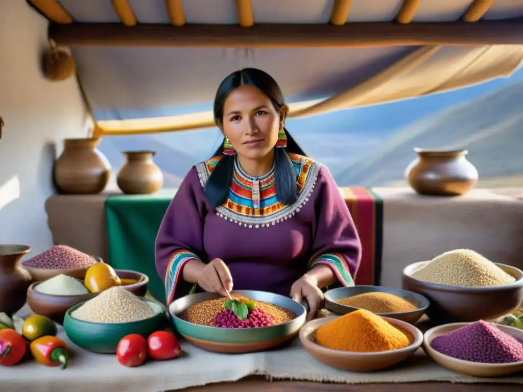 Mujer andina preparando ingredientes autóctonos de la cocina peruana en la Sierra, destacando la rica herencia culinaria