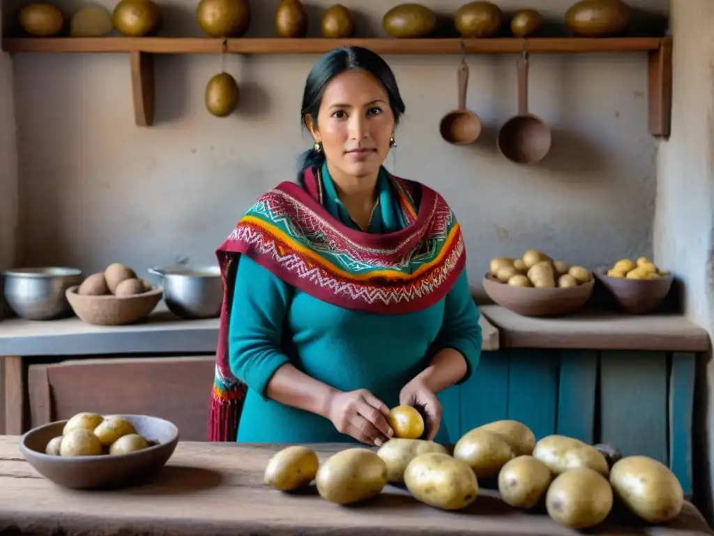 Mujer andina conserva papas en cocina rústica con lliclla, destacando la cultura y tradición de la conservación de alimentos andinos