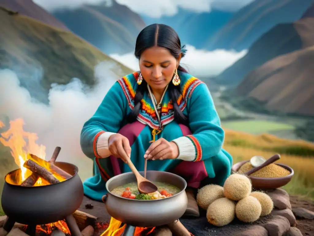 Una mujer andina peruana preparando sopa de quinua sobre fuego con vista a los Andes