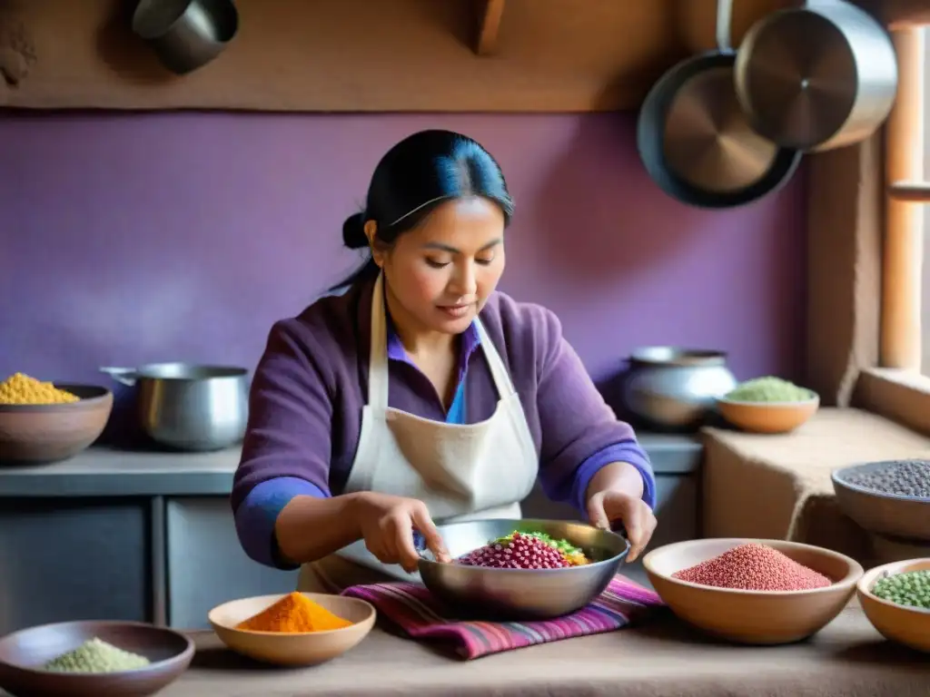 Una mujer andina preparando un plato peruano en cocina rústica con ingredientes vibrantes