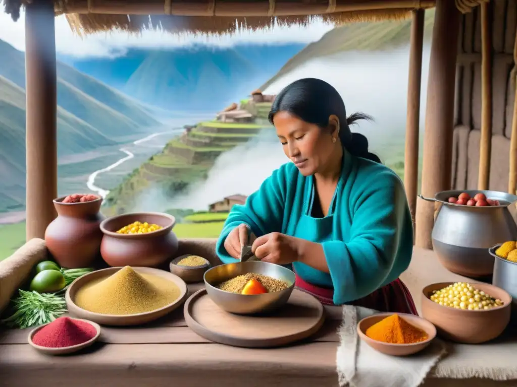 Una mujer andina preparando platos tradicionales con técnicas culinarias andinas en una cocina rústica de los Andes