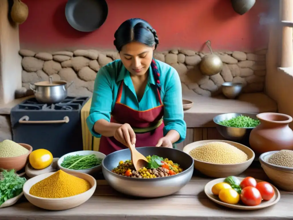 Una mujer andina preparando recetas con quinua andina deliciosa en una cocina rústica