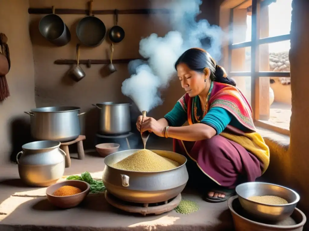 Una mujer andina preparando refresco de quinua en cocina tradicional