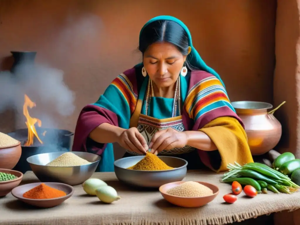 Una mujer andina preparando un rico Ponche de Habas rodeada de ingredientes frescos en una cocina rústica de adobe