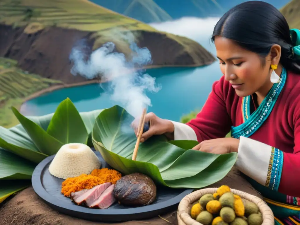 Una mujer andina en ropa tradicional peruana coloca con destreza ingredientes en una huatia tierra, rodeada de montañas verdes