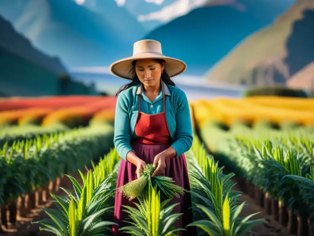 Una mujer andina cosechando quinoa bajo el sol, con los imponentes Andes al fondo