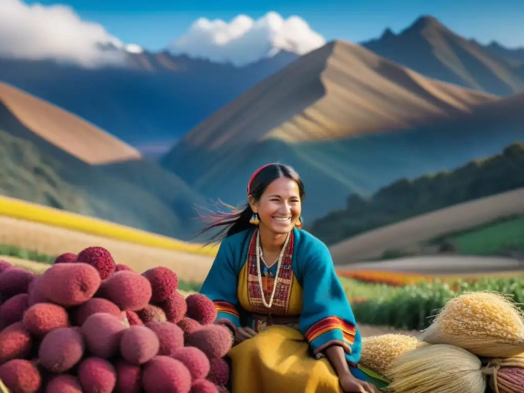 Una mujer andina cosechando supergranos en un paisaje colorido