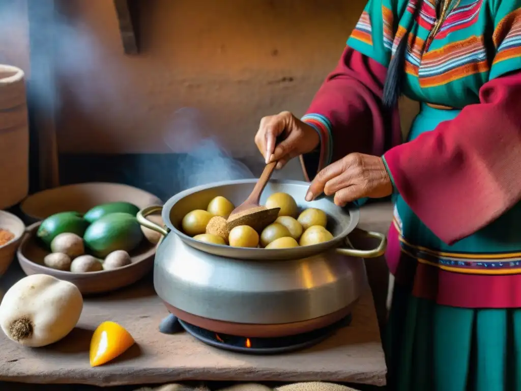 Una mujer andina preparando tocosh, destacando sus manos pelando papas, con una olla hirviendo al fondo