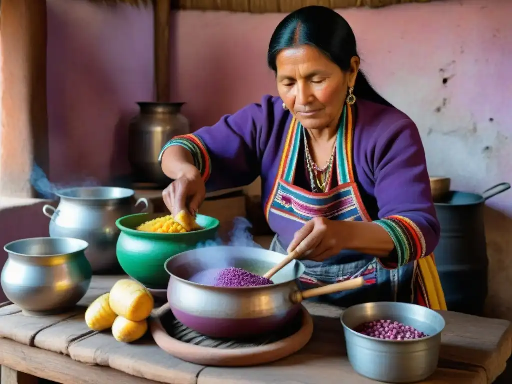 Una mujer andina tradicional preparando chicha morada en una cocina rústica en Apurímac