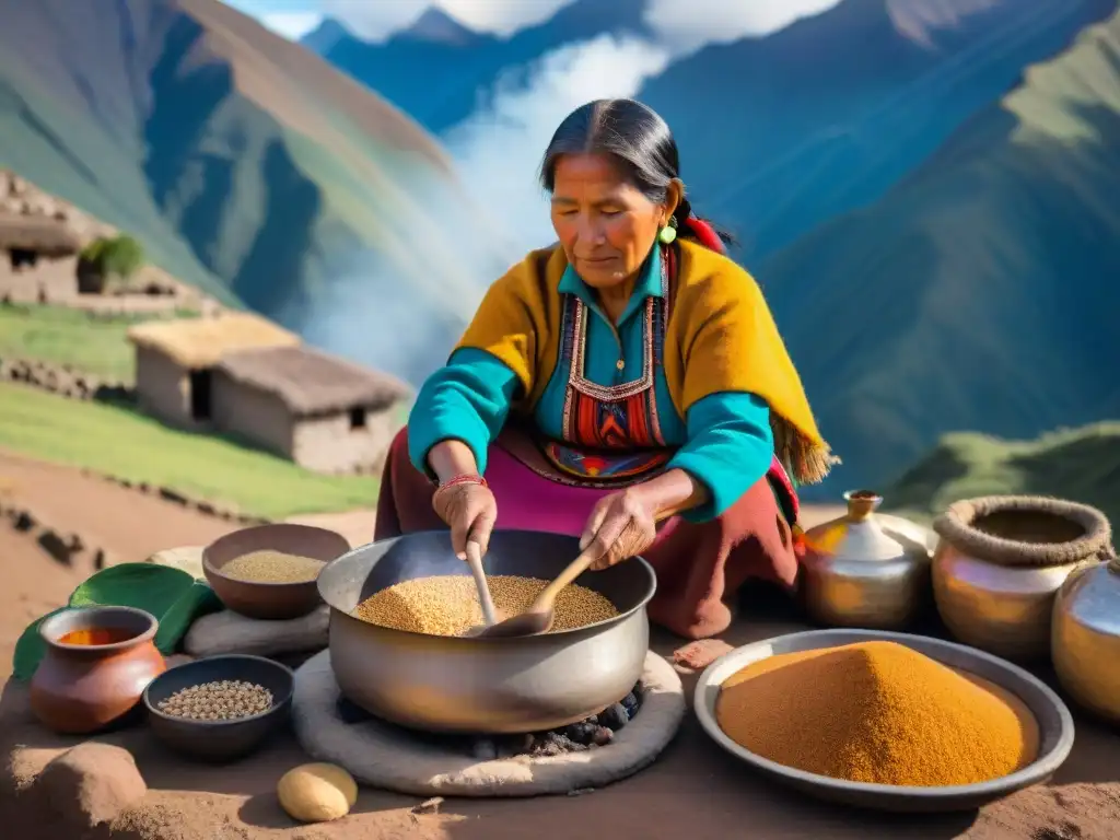 Una mujer andina tradicional cocina cañihua sobre fuego, resaltando los Beneficios de la cañihua andina