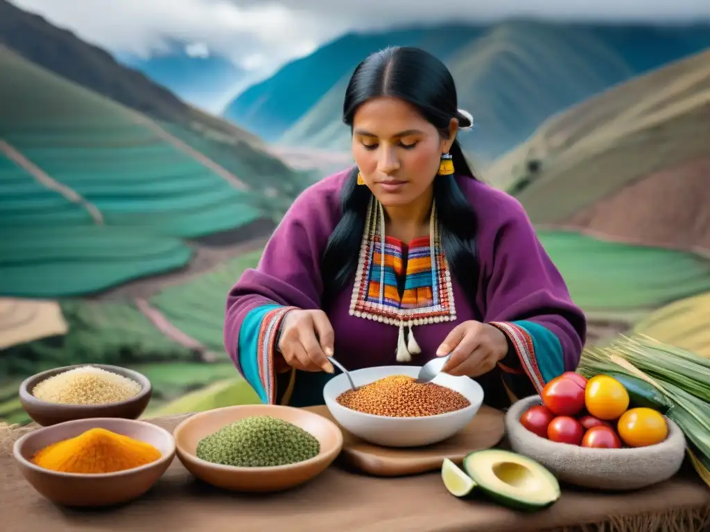 Una mujer andina tradicional preparando una comida con ingredientes autóctonos, en las montañas