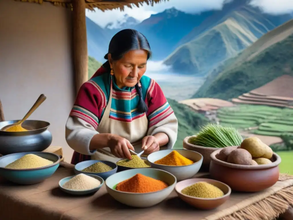 Una mujer andina tradicional preparando ingredientes con técnicas culinarias andinas tradicionales frente a los majestuosos Andes