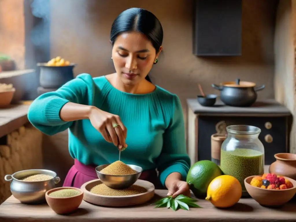 Una mujer andina tradicional preparando refresco de quinua con frutas frescas