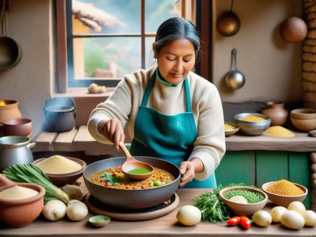 Una mujer andina tradicional prepara una Sopa de quinua andina completa en una cocina rústica llena de ingredientes variados