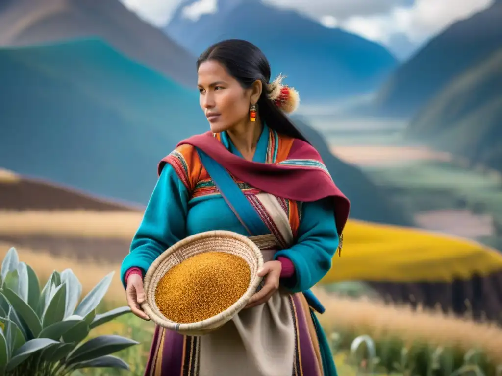 Una mujer andina tradicional cosechando supergranos en un campo soleado, con picos nevados al fondo