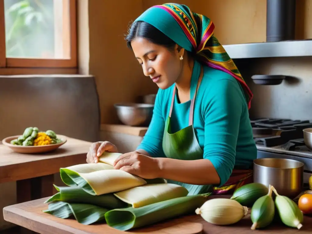 Una mujer andina tradicional preparando tamales con destreza en una cocina soleada