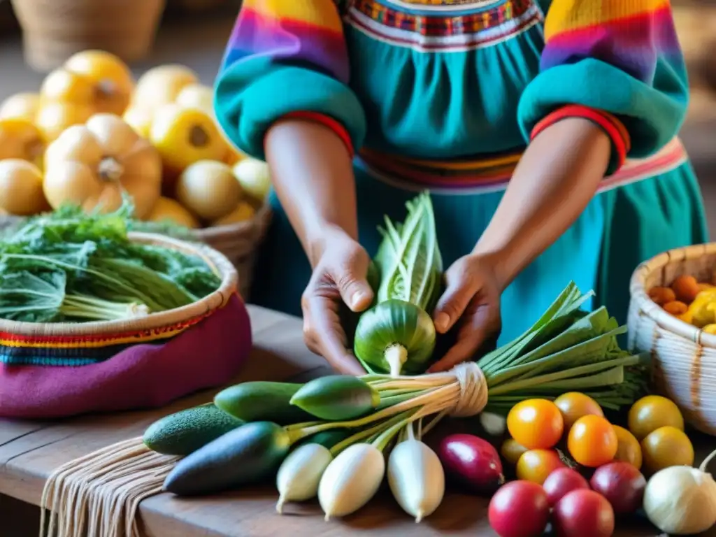 Una mujer andina envuelve vegetales en una Lliclla en un mercado andino, mostrando técnicas ancestrales de conservación