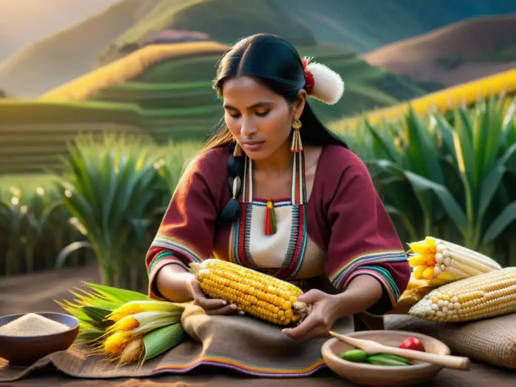 Una mujer inca antigua preparando humitas en campos andinos al atardecer, honrando la gastronomía peruana platos autóctonos