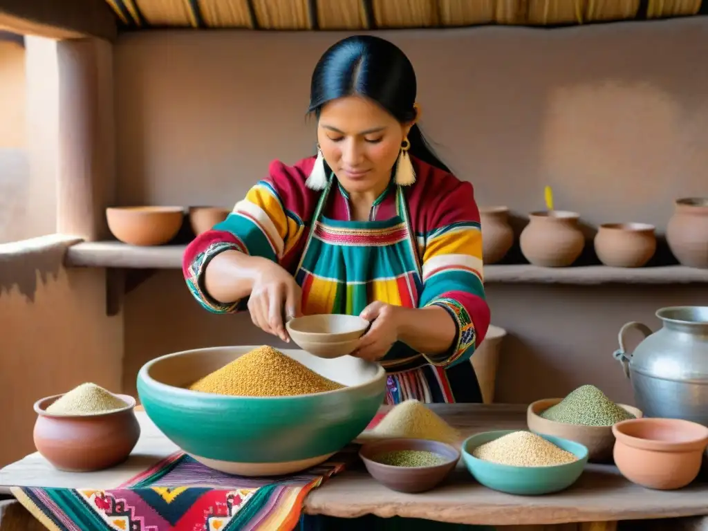 Una mujer inca tradicional preparando chicha de quinua en una cocina andina