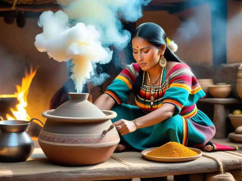 Una mujer inca tradicional prepara chicha de quinua en una cocina rústica, siguiendo la receta tradicional